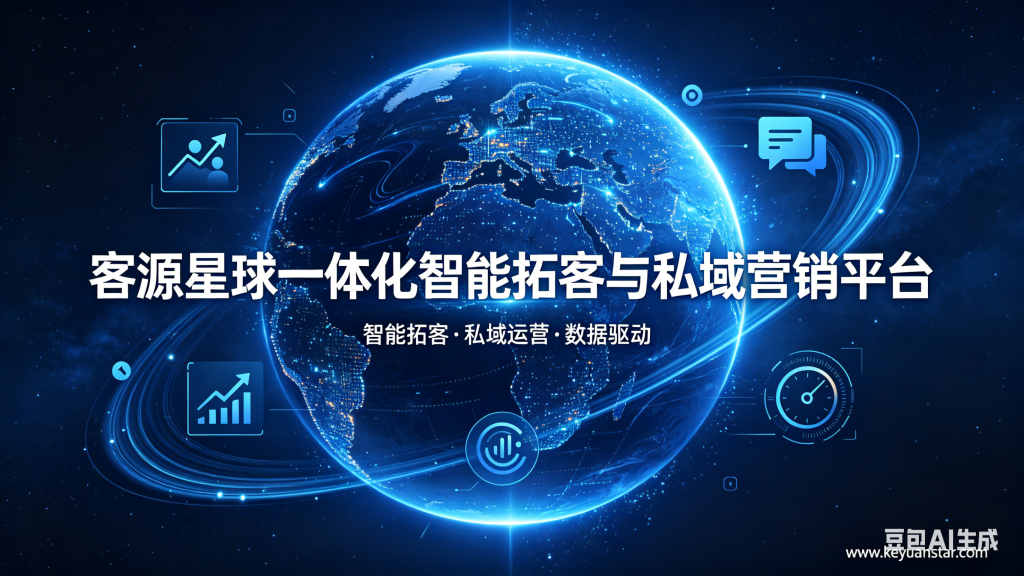 客源星球一体化智能拓客与私域营销平台，全球商业数字化智能获客、私域精细化运营、数据驱动业绩增长科技商业海报，企业全域精准客源挖掘 SaaS 管理系统宣传图