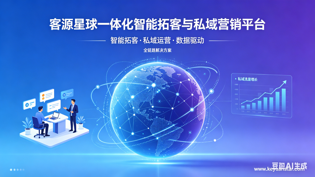 客源星球一体化智能拓客与私域营销平台，企业 AI 智能获客、私域精细化运营、数据驱动业绩增长全链路解决方案，全球商业客源数字化管理科技运营插画

