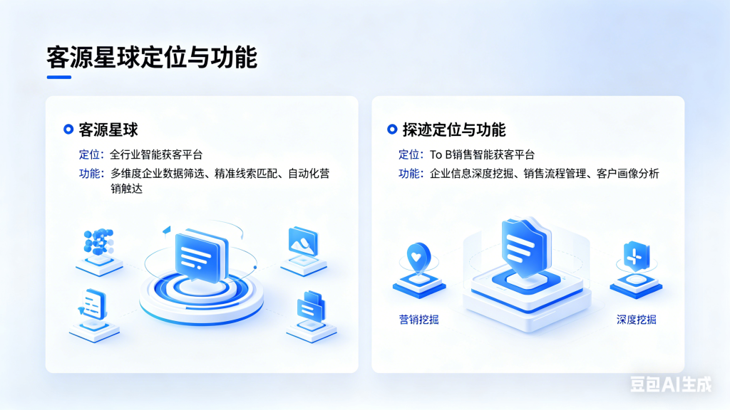 客源星球 vs 探迹平台定位与功能对比，客源星球全行业智能获客平台，企业精准线索挖掘、数据筛选、自动化营销拓客工具解析图
